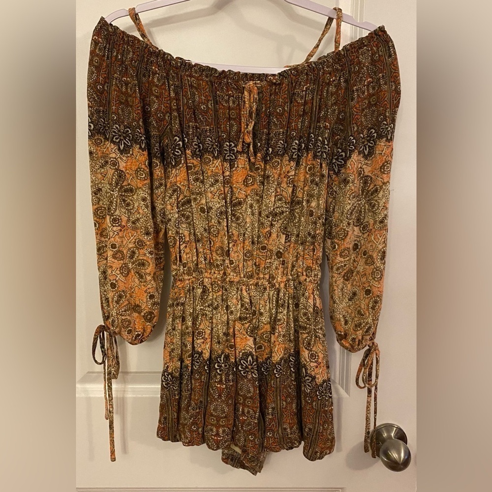 Free People So Divine Off The Shoulder Romper Sz XS Apricot Combo Lined